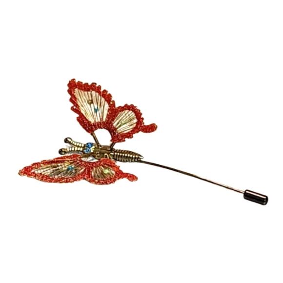 Vintage 60's Red Gold Butterfly Pin - Picture 1 of 7